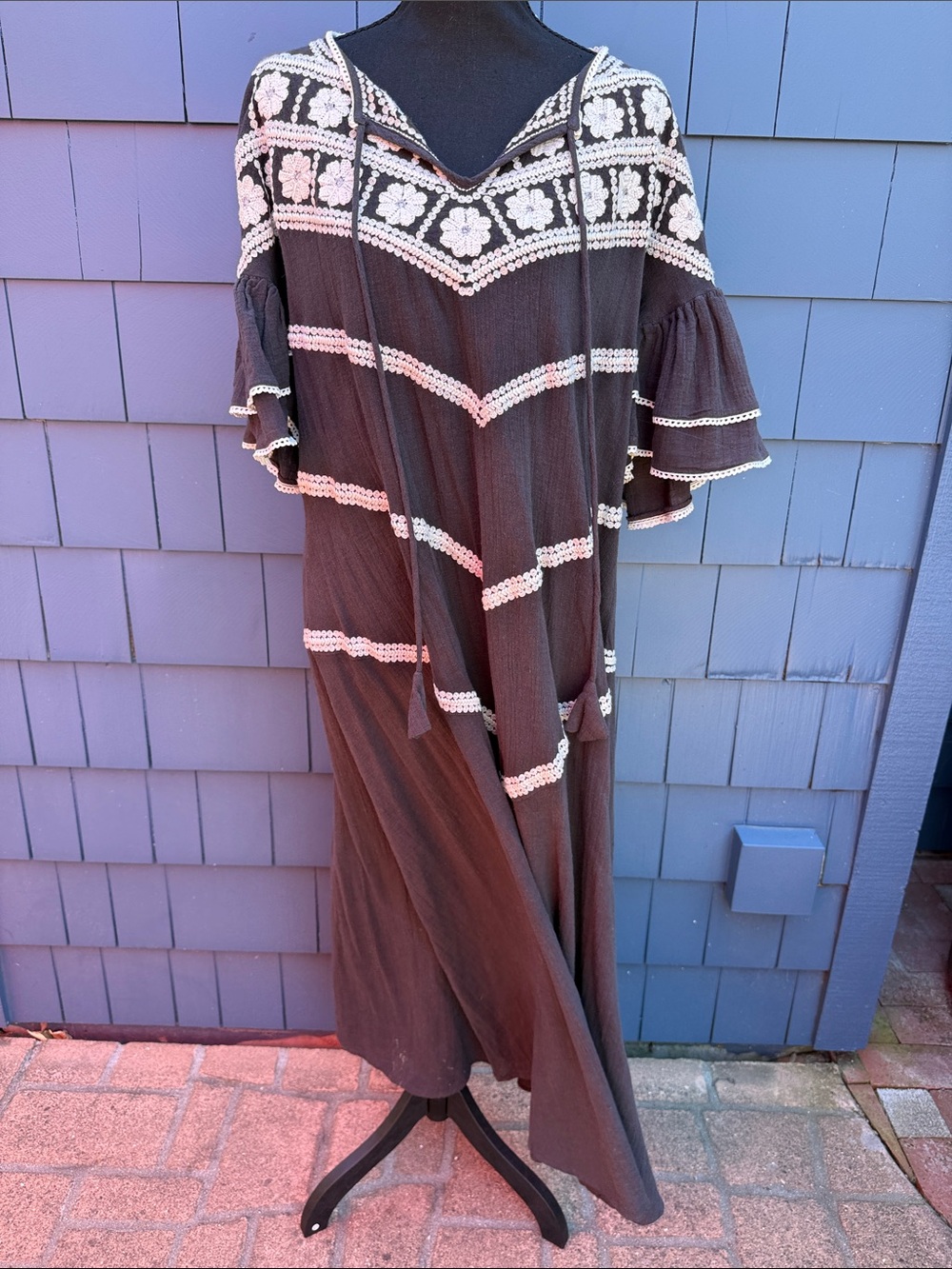 Stella Forest Boho Embroidered Maxi Dress in Black with Cream Trim